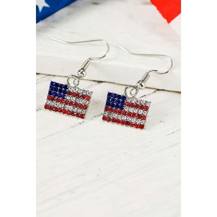 Fiery Red Rhinestone USA Flag Squared Drop Earrings