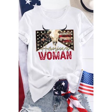 White American Woman Bull Skull Graphic T Shirt