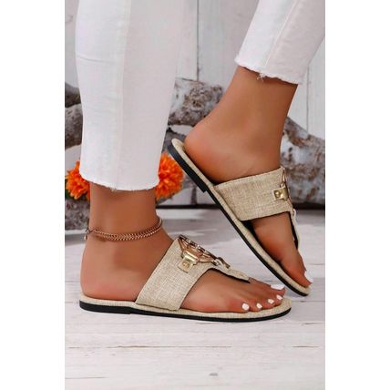 Beige Metal Décor Leather Thong Slippers