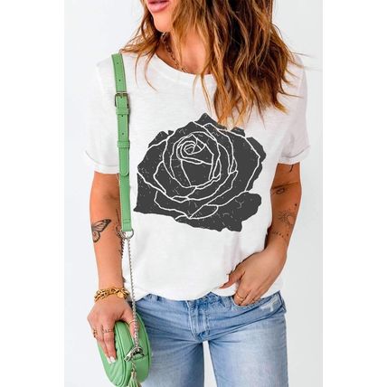 White Large Rose Print Round Neck T Shirt