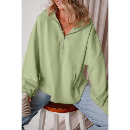 Smoke Green Fleece Lined Half Zipper Kangaroo Pockets Loose Hoodie