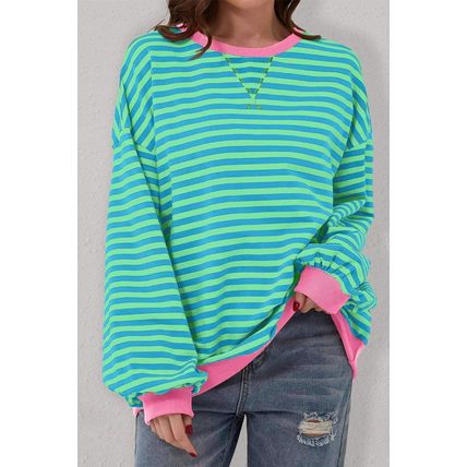 Sky Blue Stripe Oversized Contrast Trim Pullover Sweatshirt