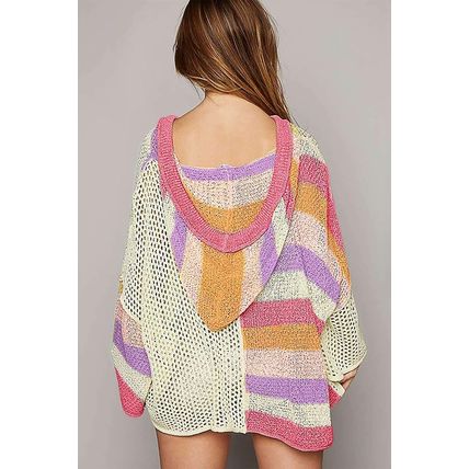 Pink Oversized Colorblock V Neck Hooded Sweater