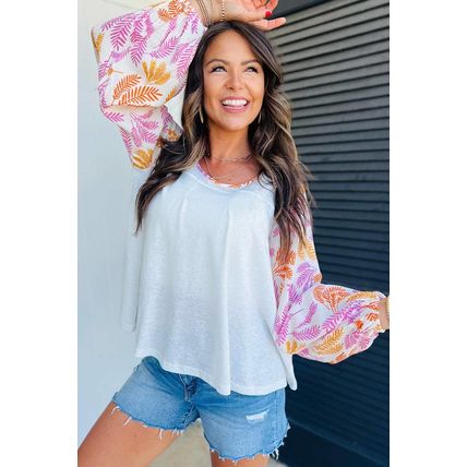 White Tropical Leaf Printed Patchwork Sleeve Round Neck Top