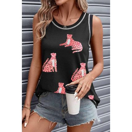 Black Sequin Cheetah Round Neck Stitching Loose Tank Top