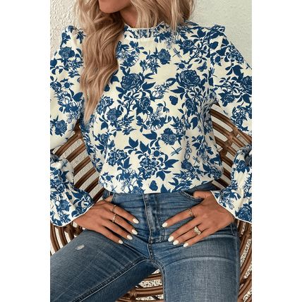 Sky Blue Floral Print Flounce Sleeve Keyhole Back Blouse