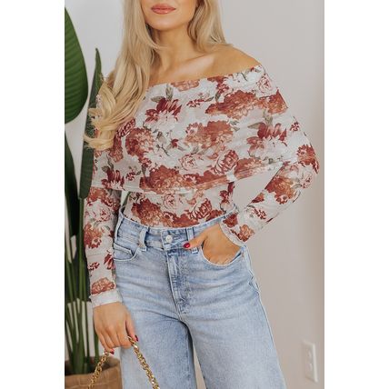Pink Floral Printed Long Sleeve Sheath Bodysuit