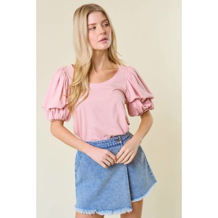 Light Pink Scoop Neck Bubble Sleeve Tee