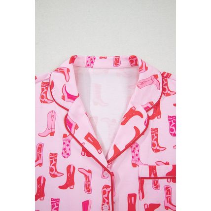 Pink Western Cowgirl Boots Printed Shirt Ruffled Shorts Pajama Set