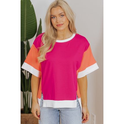 Rose Red Color Block Patchwork Side Slits Loose Fit T Shirt