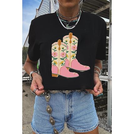 Black Floral Cowgirl Boots Cotton Blend T Shirt