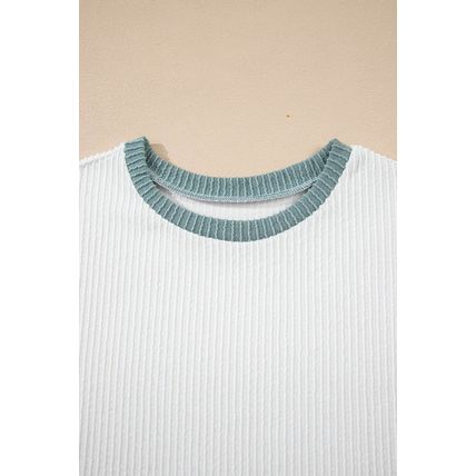 White Color Block Corded Knit Crew Neck Tee