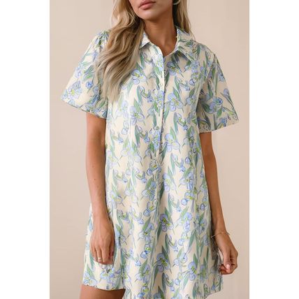 Green Floral Print Shirtcollar Buttoned Short Sleeve Shift Dress