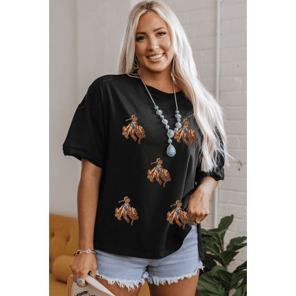Black Western Horse Patched Crew Neck Graphic T Shirt