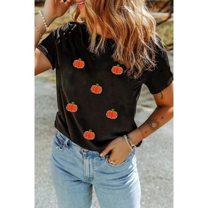 Black Chenille Pumpkin Patched Casual Cotton Blend T Shirt