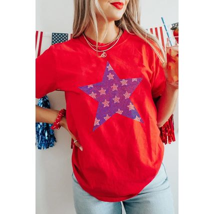 Red Rhinestone Star Pattern Independent Day T Shirt