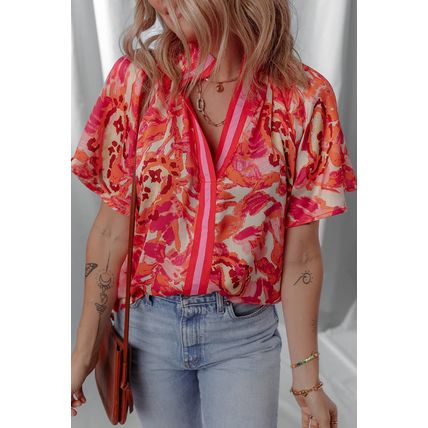Rose Abstract Print Striped Trim Split Neck Blouse