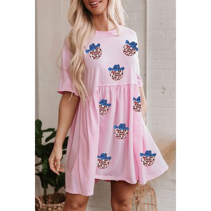 Light Pink American Flag Inspired Sequin Disco Ball Patched Shift Mini Dress