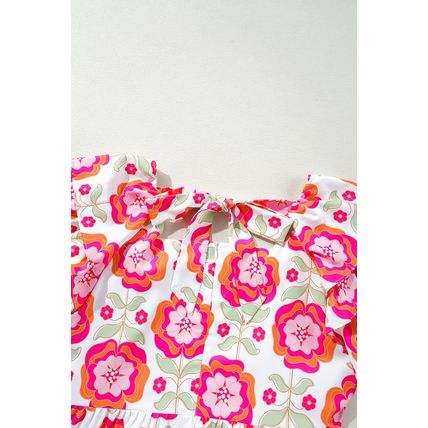 Rose Floral Print Square Neck Lace up Back Ruffled Sleeve Dress