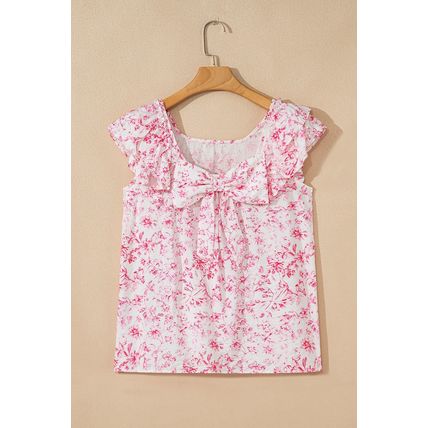 Pink Floral Ruffled Short Sleeve Bow Back Square Neck Blouse