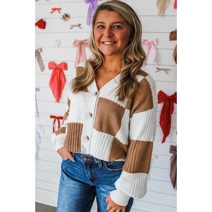 Khaki Checkered Pattern Ribbed Detail Button V Neck Sweater Cardigan