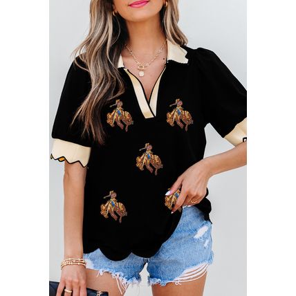 Black Contrast Scalloped Collar Cuffs Rodeo Patched Graphic Short Sleeve Top