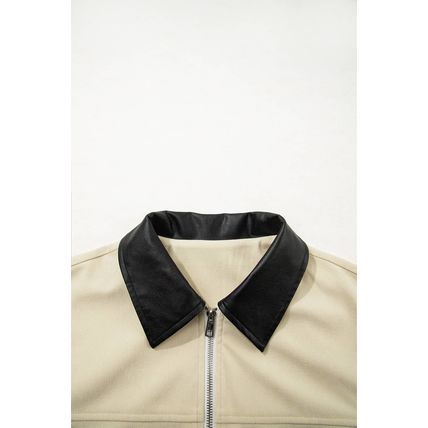 Parchment Contrast Leather Collar Textured Zip Up Jacket
