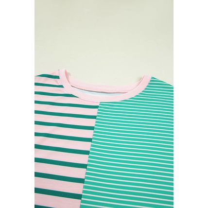 Green Stripe Color Block Exposed Seam Side Slit Plus Size Sweatshirt