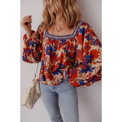 Multicolour Floral Print Square Neck Backless Loose Fit Blouse