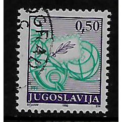 YUGOSLAVIA 1990 POSTAL SERVICES 50p POST HORN GLBE & BIRD SG 2591 FINE USED#