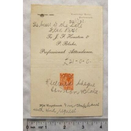 1923 invoice with revenue Houston & Blake, Portsmouth