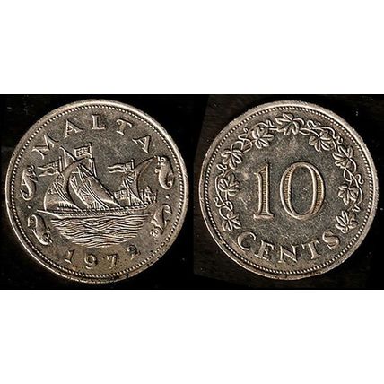 Malta Ten Cents 1972 Barge and Dolphins Used 10c Coin QE II