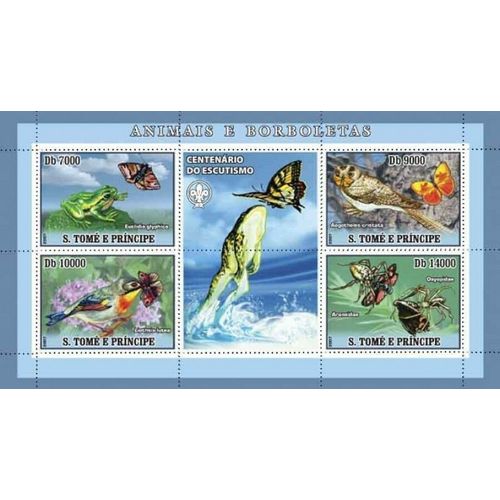 SAO TOME PRINCIPE 2007 SHEET MNH WILDLIFE BUTTERFLIES FROGS BIRDS OWLS 2