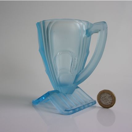 Art Deco Rosice Frosted Blue Glass Creamer With Clear Panels.
