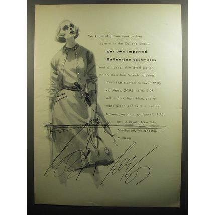 1951 Lord & Taylor Ballantyne Cashmeres Ad - Our own imported Ballantyne