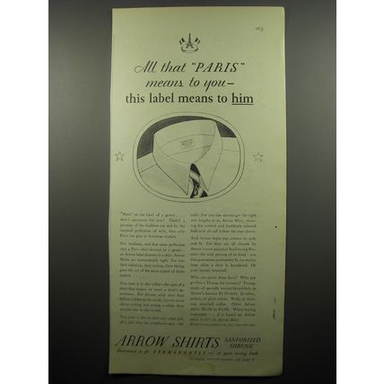 1932 Arrow Shirts Ad - All that Paris means to you - this label means to him