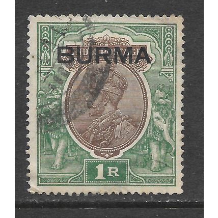 BURMA 1937 KG5 SG13 1 RUPEE BROWN & GREEN USED