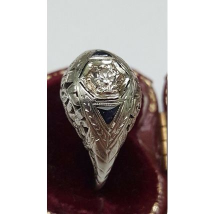 Art Deco 18K WG Filigree Ring: .61ct Old European Cut Diamond & Sapphire,1930s