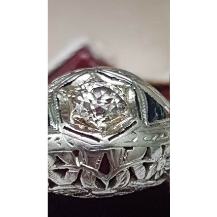 Art Deco 18K WG Filigree Ring: .61ct Old European Cut Diamond & Sapphire,1930s