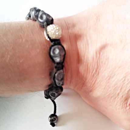 Skull Bracelet Woman Beads Adjustable Black Cord Steel Skull Biker Costume A55
