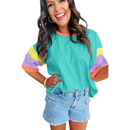 Women Oversized Color Block T-Shirt Casual Loose Crewneck Short Sleeve