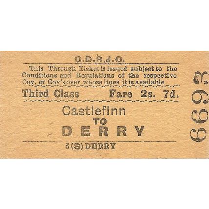 County Donegal Rlys Joint Committee Edmondson Ticket - Castlefinn to Derry