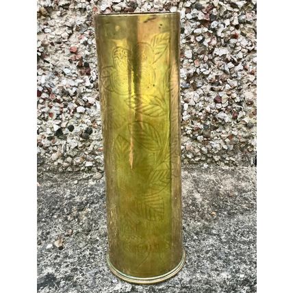 World War One trench Art vase brass shell has floral decoration dated 1916 1917