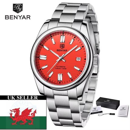 BENYAR Pagani Red Orange Face Automatic Movement Stainless Steel Bracelet Watch