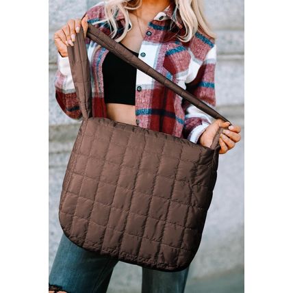 Coffee Quilted Zipper Large Shoulder Bag