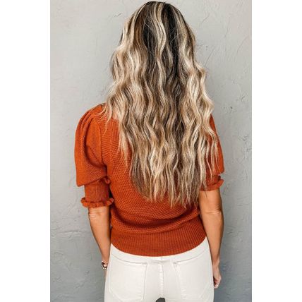 Gold Flame Textured Knit Bubble Sleeve Square Neck Top