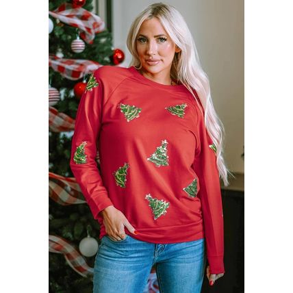 Fiery Red Sequined Christmas Tree Raglan Sleeve Sweatshirt