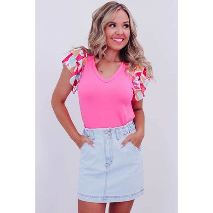 Bonbon V Neck Printed Ruffle Sleeve Patchwork T-shirt