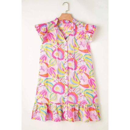 Pink Abstract Floral Ruffle Trim Flutter Sleeve Buttoned Dress