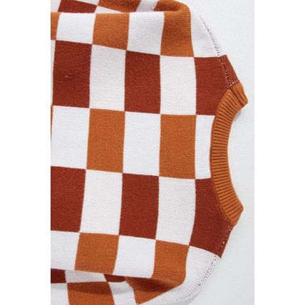 Orange Checkered Ribbed Edge O Neck Drop Shoulder Sweater
